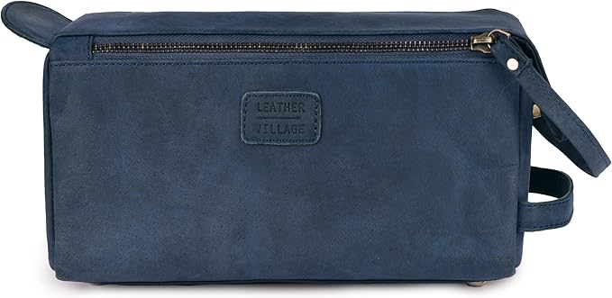 LEATHER VILLAGE Premium Leather Travel Toiletry Bag - Unisex Water-Resistant Travel Dopp Kit, Shaving & Cosmetic Organizer for Men & Women - Compact Bathroom Essentials - Royal Blue