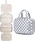 Narwey Hanging Toiletry Bag for Women Travel Makeup Bag Organizer Toiletries Bag for Travel Size Essentials Accessories Cosmetics (Grayish Blue Checkerboard (Medium))