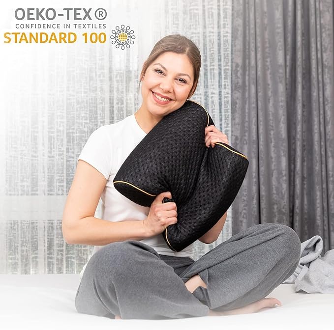 Travel & Camping Comfortable Memory Foam Pillow – Easy to Carry Portable Bag – Temperature Regulating Pillow Case (Black Contour + Extra Cover)