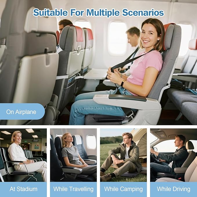 Self-Inflating Airplane Seat Cushion for Long Flights – Portable Travel Cushion Airplane Seat - Memory Foam Travel Seat Cushion Providing Pressure Relief and Premium Comfort (Grey)