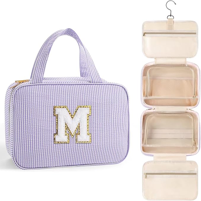 TOPEAST Initial Makeup Bag - Travel Toiletry Bag for Women, Personalized Birthday Gifts for Women Teen Girls Sister Daughter, Travel Tolietry Bag Monogramme Makeup Bag - Letter M, Purple