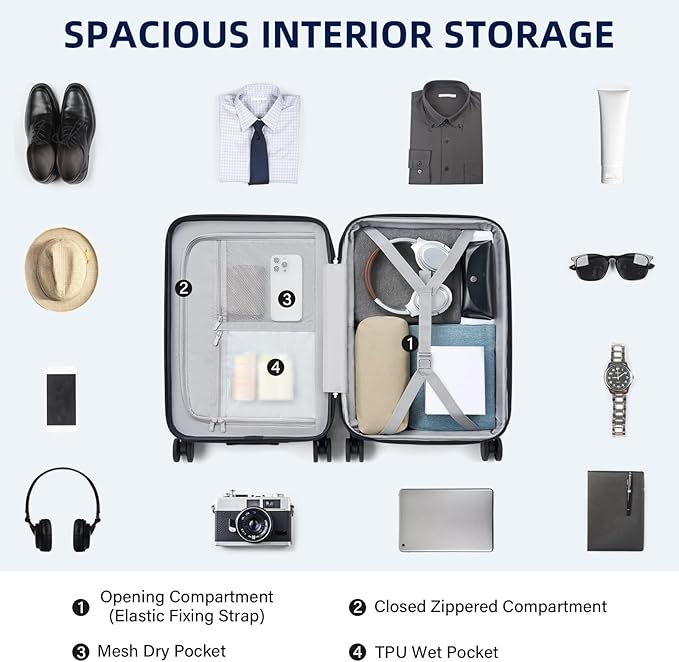 Hard Shell Suitcases 20 Inch Carry on Luggage Airline Approved, Expandable Travel Luggage with Cup Holder Charger Built in Lightweight Small Suitcase with Wheels, Interstellar Blue
