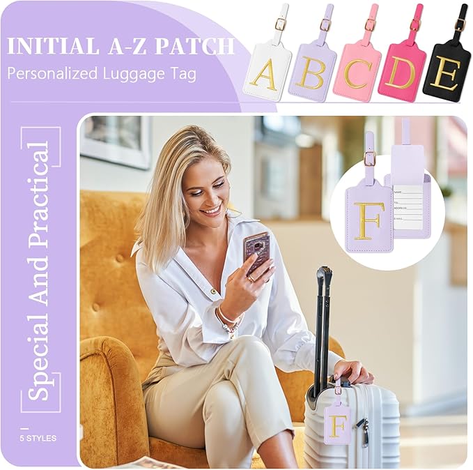 Personalized Initial Luggage Tags for Suitcase, Purple Leather Cute Luggage Tags with Privacy Cover Name Card, Embroidered Custom Monogrammed Luggage Tag Travel Backpack Tags Gifts for Women Kids(F)