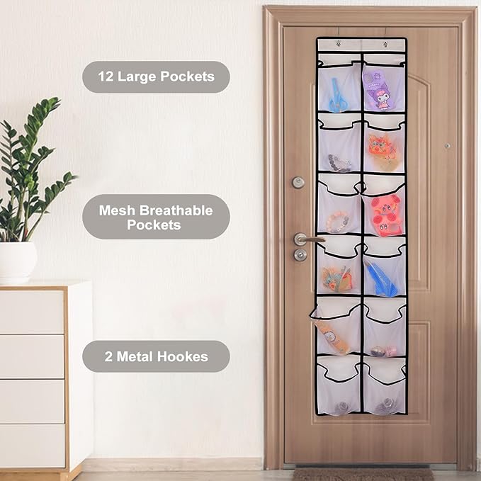 12 Large Pockets Over The Door Hanging Shoe Organizer, White