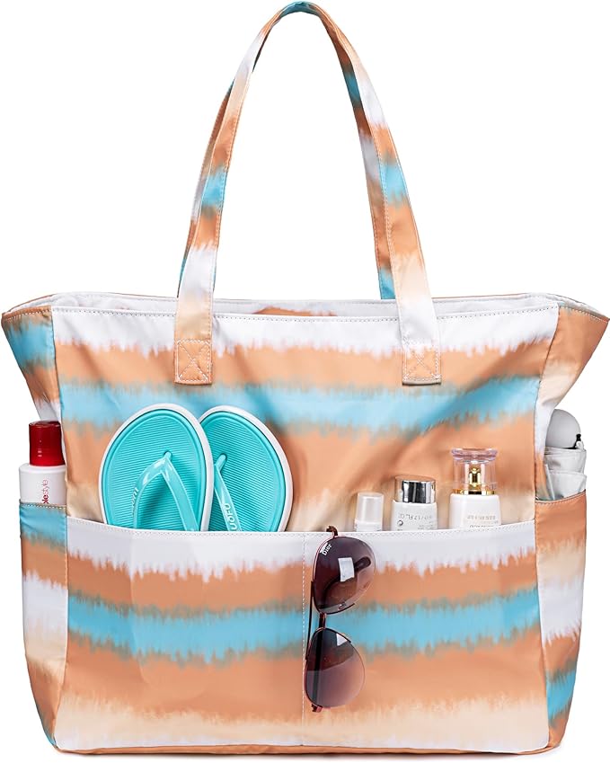LEDAOU Beach Bag Waterproof Sandproof Women Tote Bag Pool Bag with Zipper for Gym Grocery Travel with Wet Pocket