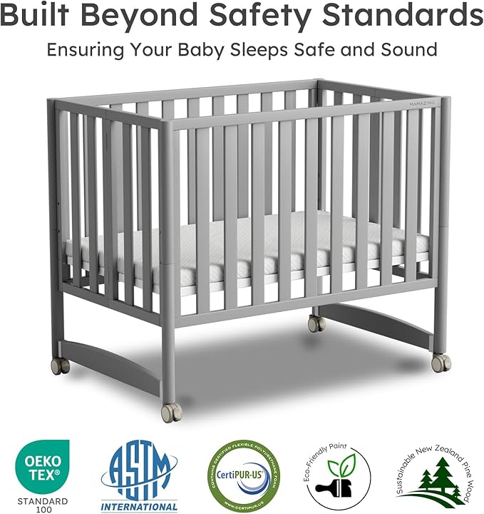 EvoNook 6-in-1 Convertible Mini Crib, 100% New Zealand Solid Wood, 4 Adjustable Mattress Heights, Crib with Mattress, Grey