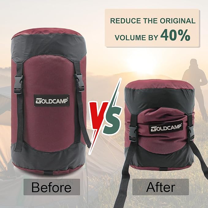 GoldCamp compression stuff sack for Ultralight sleeping bag, space saving gear with dust flap,18L/30L/43L/49L/65L Compression Stuff Sack, Waterproof, Camping, Travel, Outdoor, Backpacking (Red, XXXL)