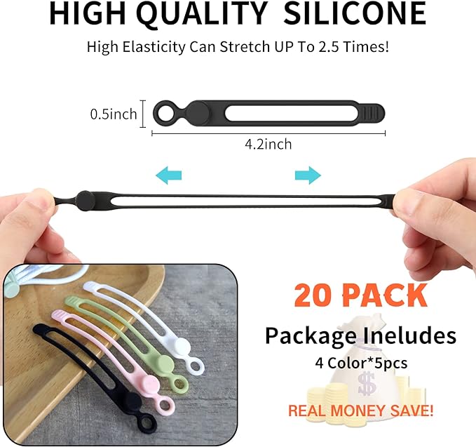 [20Park]UMUST Silicone Cable Ties,Reusable Cable Management Organizer, Multipurpose Elastic Cord Organizer for Bundling and Fastening Cable Cords Wires(black,white,pink,green)