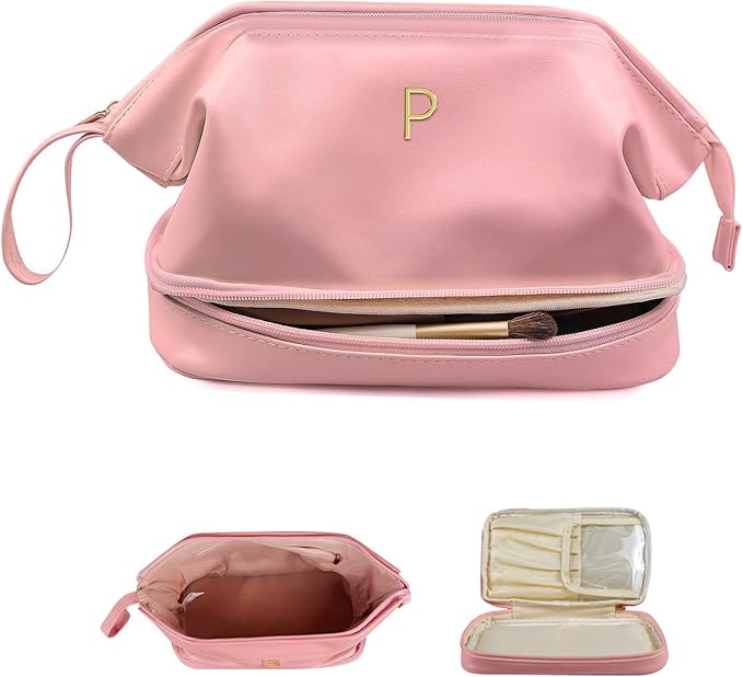 Initial Makeup Bag, Personalized Large Capacity Cosmetic Bag with Makeup Brush Organizer, Waterproof, PU Leather Pink Makeup Pouch Travel Skincare Bag, with 1 Drawstring Toiletry Organizers