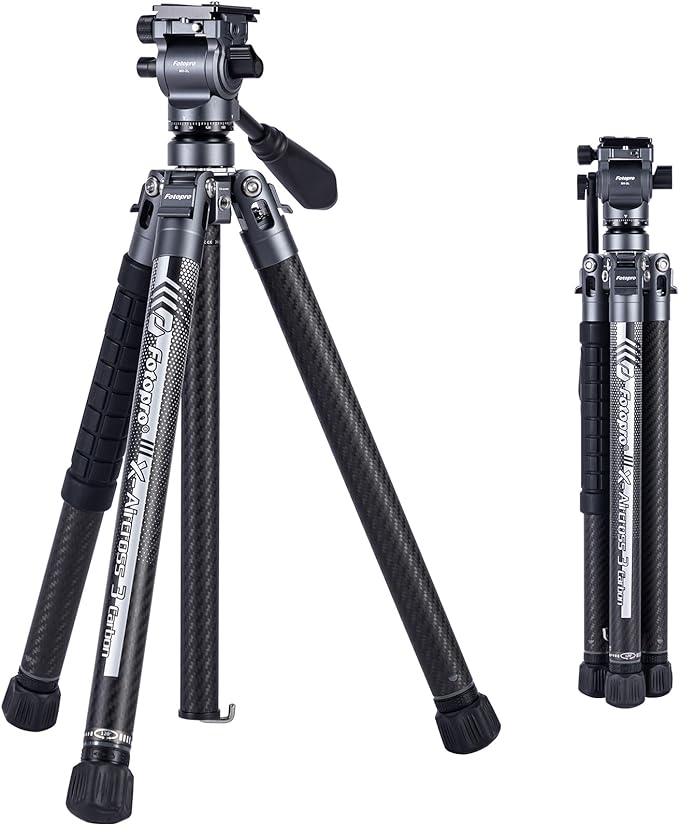 Fotopro Carbon Fiber Travel Tripod 2.2lbs Ultralight 64 Inch Portable Compact Travel Video Tripod for Camera DSLR Load up to 22lb X-Aircross 3 Lite Video Grey