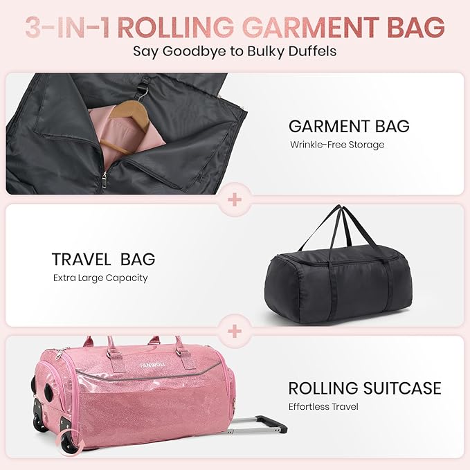 3-in-1 Rolling Garment Bags for Travel, Glitter Wheeled Carry-On Suit Luggage with Shoe Storage & Detachable Bag, Convertible Duffel Bag for Men Women Business Trips Weekender, Wrinkle-Free (Pink)