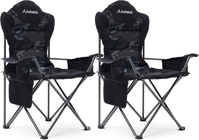 Camping Chairs, Outdoor Folding Chairs 2 Pack for Heavy People, Folding Chairs for Outside, Camp Chairs with Cup Holder & Cooler Bag, Supports up to 300lbs (2 Pcs, Camo)