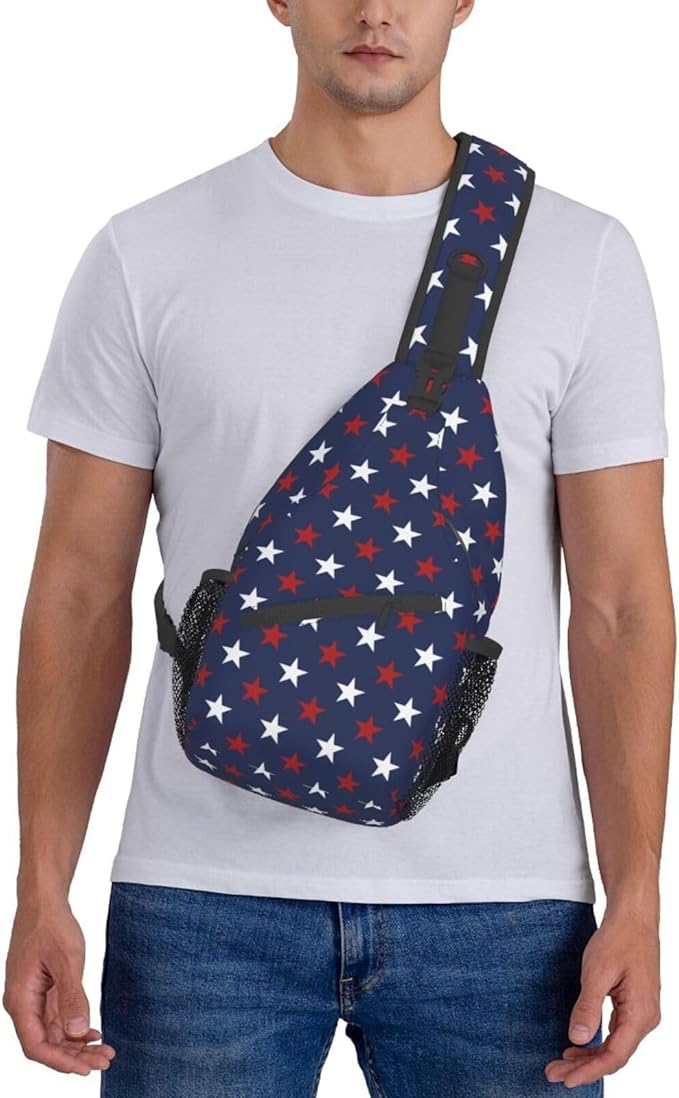 SUPLUCHOM Sling Bag American Flag Red White Star Hiking Daypack Crossbody Shoulder Backpack Travel Chest Pack for Men Women