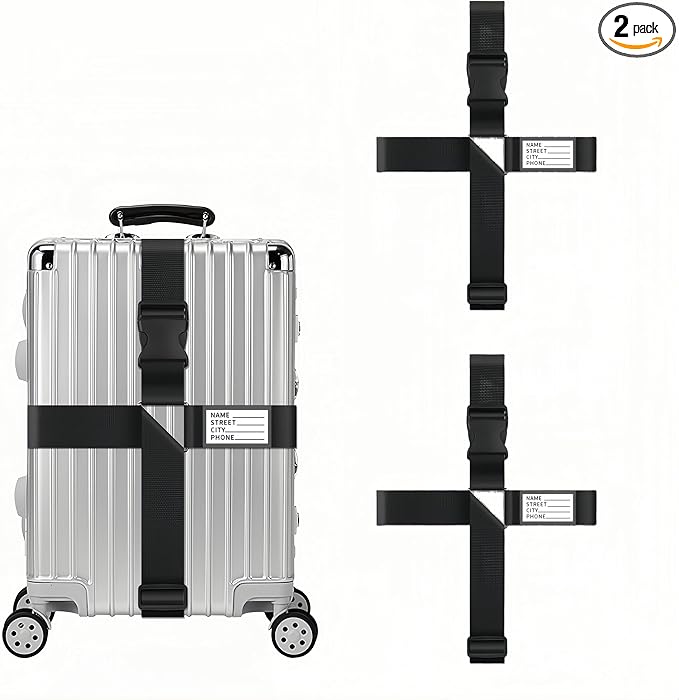 2-Pack Adjustable Luggage Straps for Suitcases – 2-Inch Wide Cross Travel Belt for 20"-32" Carry-On, Large & Collapsible Luggage – Durable Seatbelt Material, Suitcase Belts & Connector Straps (Black)