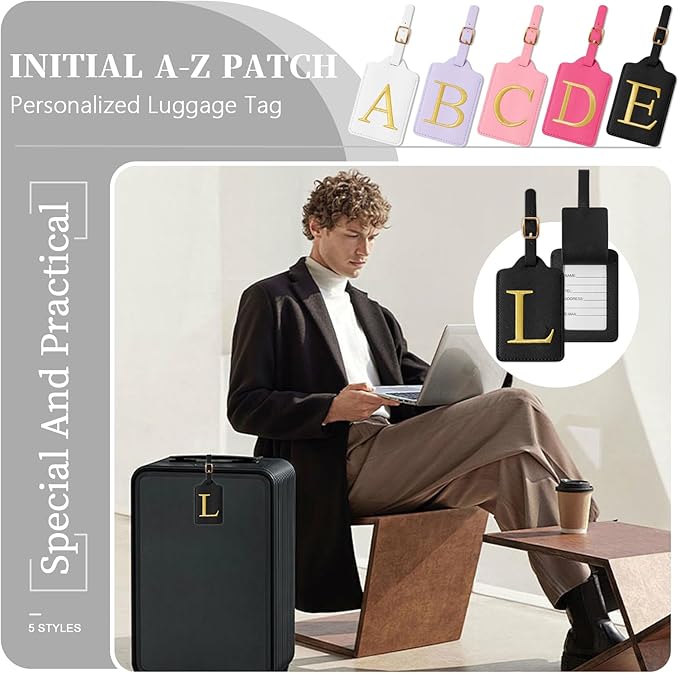 Personalized Initial Luggage Tags for Suitcase TSA Approved, Black Leather Cute Luggage Tag with Privacy Cover Name Card, Embroidered Custom Luggage Tags Travel Backpack Tags Gifts for Women Kids(L)