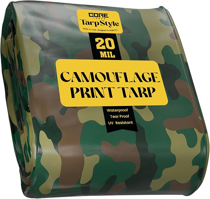 Core Tarps Extreme Heavy Duty 20 Mil Tarp Cover, Waterproof, UV Resistant, Rip and Tear Proof, Poly Tarpaulin with Reinforced Edges for Roof, Camping, Patio, Pool, Boat (Camouflage/Green 24′ X 36′)