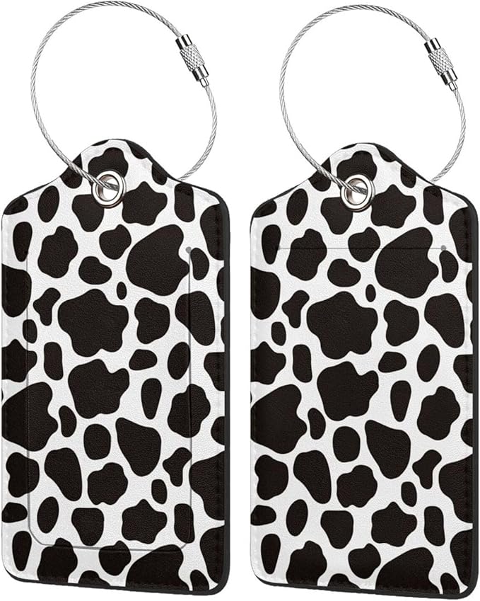 2 Pack Luggage Tags for suitcases Cute Cow Luggage Tag, Leather Stainless Steel Loop Label Tag for Men Women Travel Bag Suitcase(Cow)