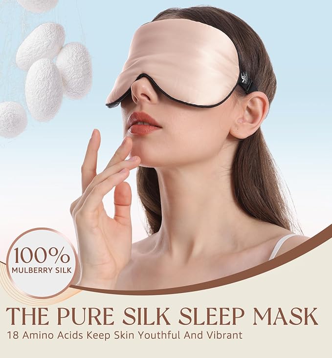 HiRui Silk Sleep Mask, 100% Natural Mulberry Silk of Double-Sided & Inner-Filling, Ultra-Smooth Soft, Adjustable Strap, Blocks Light for Night Sleeping, Travel, Office Naps (Pink)