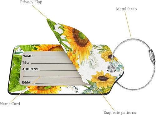 2 Pcs Luggage Tags for Suitcases, PU Leather Cruise Ship Luggage Tags with Privacy Cover Label Address Card and Durable Metal Ring Suitable for Men Women Children Handbags Backpacks,Sunflower