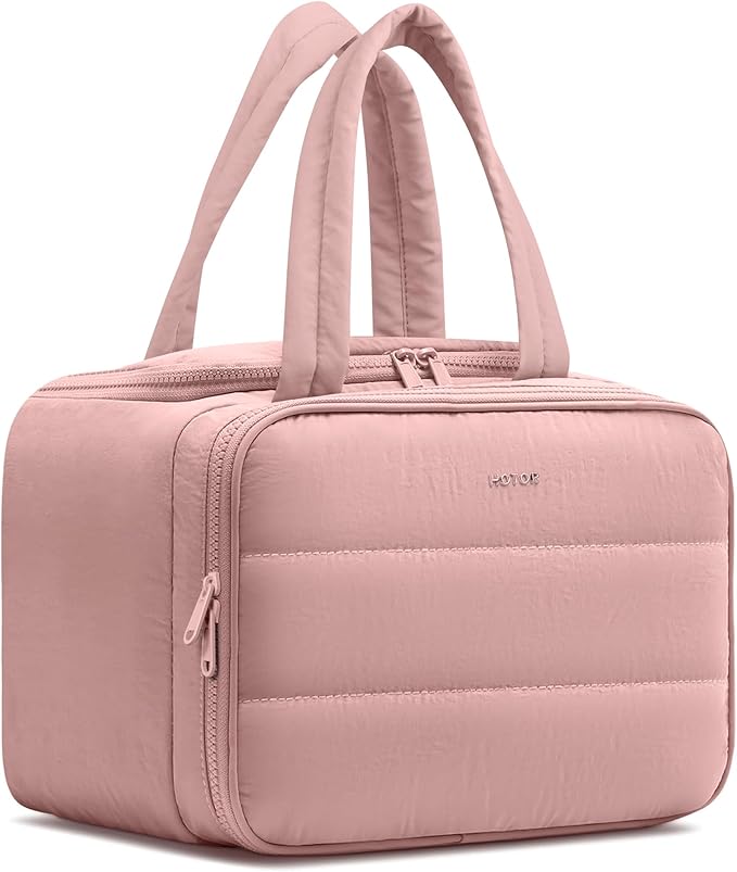 HOTOR Travel Toiletry Bag - Wide-Open Toiletry Bag for Women, Multi-Pocket Makeup Bag for Travel Essentials, Wet & Dry Separation Travel Accessories for Trip, Gym, 12.6" x 6.3" x 8.9", Dark Pink