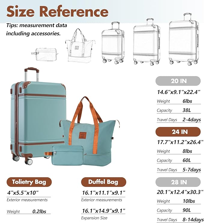 Merax Suitcase Set 24 inches Expandable Luggage with TSA Lock Spinner Wheels Hardshell Lightweight Vintage Luggage with Travel Bag,Green