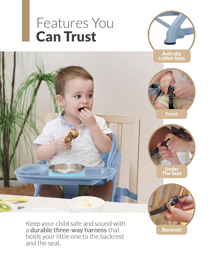 Feed Me 3-in-1 Travel High Chair Booster Seat for Infants and Toddlers - Transitional, Compact & Fits Any Chair, Swivel Tray, Airy Blue