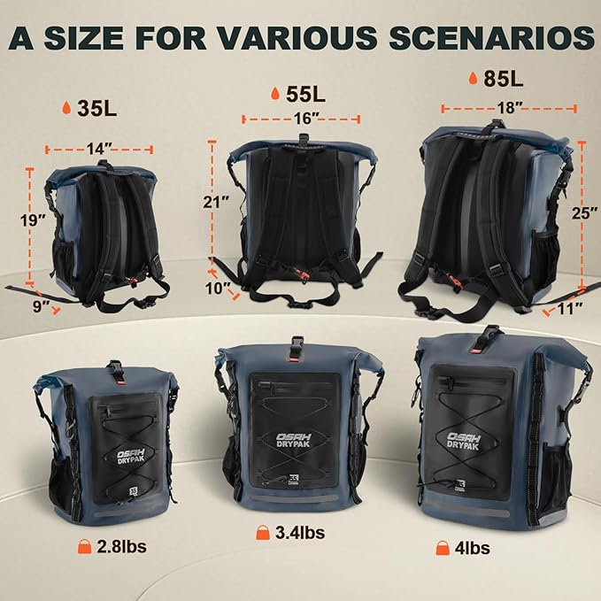 Waterproof Backpack Dry Bag 35L/55L/85L – Heavy Duty Roll-Top Hiking Backpack Sack Keeps Gear Dry for Travel, Kayaking, Boating, Camping, Rafting and Fishing