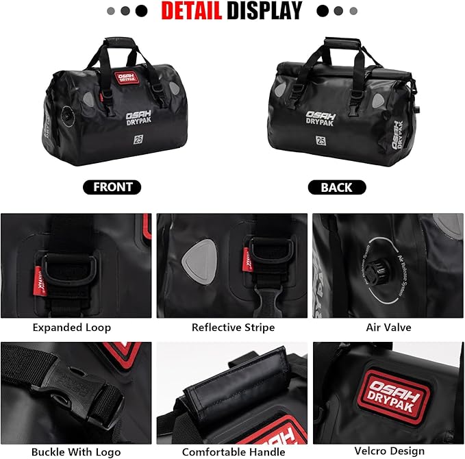 Waterproof Duffel& Luggage Bag - Motorcycle Dry Bag Tail Saddle Bags with Roll Top Closure,Large Storage Space,for Camping, Kayaking, Fishing & Traveling(SkyBlack, 25L)