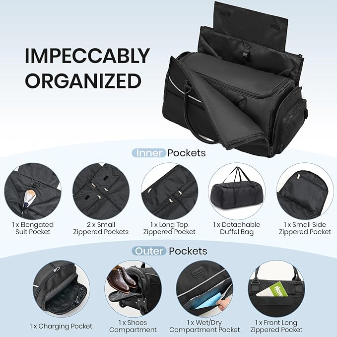 Fanwoli 3-in-1 Rolling Garment Bag for Travel, Wheeled Carry-On Luggage with Shoe Storage & Detachable Organizer, Wrinkle-Free Compartment for Suits/Dresses/Wedding Gowns, Fits Most Airline Size