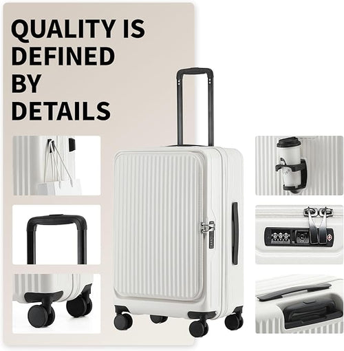 24 Inch Top Opening Checked Travel Luggage Expandable with Spinner Wheels,All PC Hard Shell Hardside Lightweight Medium Suitcase with TSA Approved Cup Holder for Business Trips Woman Men,White