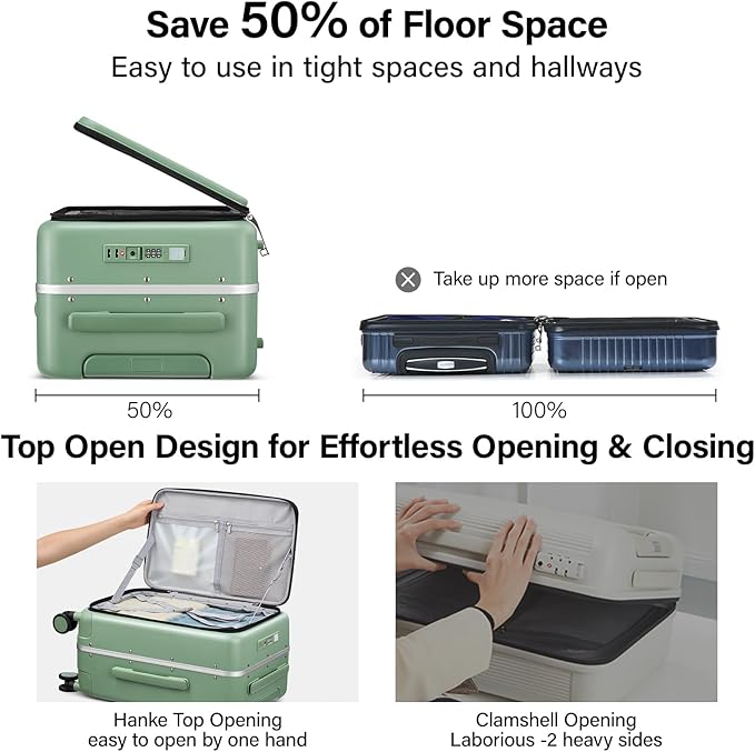 Hanke 20 Inch Carry On Luggage with Cup Holder and Charge,Top Opening Hard Shell Suitcases with Wheels and Dividers,Aluminum Frame Trunk Luggage Small Suitcase with Lock for Travel,Forest Green