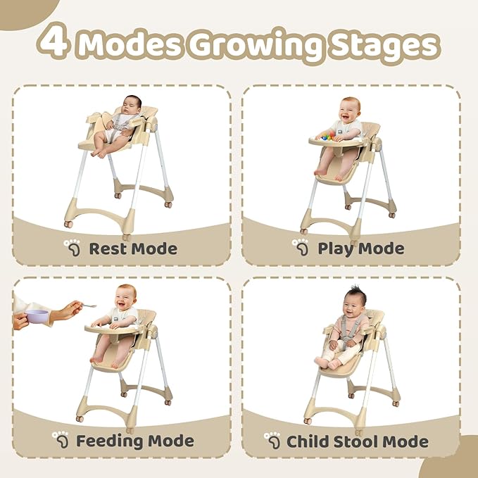 JOYMOR Foldable Baby High Chair, 4 in 1 Convertible Highchair for Eating, Height Adjustble and Multiple Recline, Compact Foldable Design for Easy Storage (Beige)
