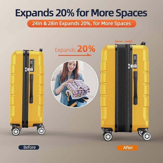 SHOWKOO Luggage Sets Expandable PC+ABS Durable Suitcase Sets Double Spinner Wheels TSA Lock Yellow 3pcs
