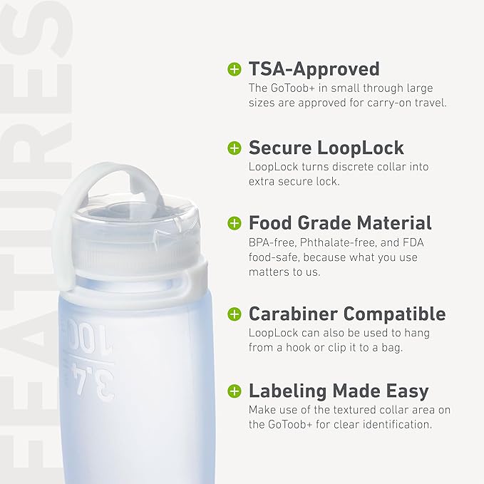 humangear GoToob+ 3-Pack (Large) | Refillable Silicone Travel Bottle | Locking Lid | Food-Safe Material, Clear/Green/Blue, Large (3.4 fl.oz.; 100ml)