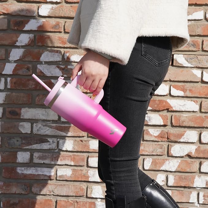 40 oz Tumbler with Handle and 2 Straws,2 in 1 Lid Insulated Water Bottle Stainless Steel Travel Coffee Mug,Pink