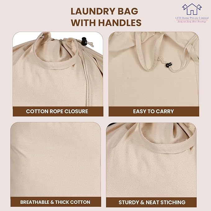LFH Home Large Premium 100% Cotton Canvas Laundry Bag with Drawstring and Handles Heavy Duty, Multi-Use, and Washable for Home, Travel, College or Storage 24x36 (Pack of 2)-Natural