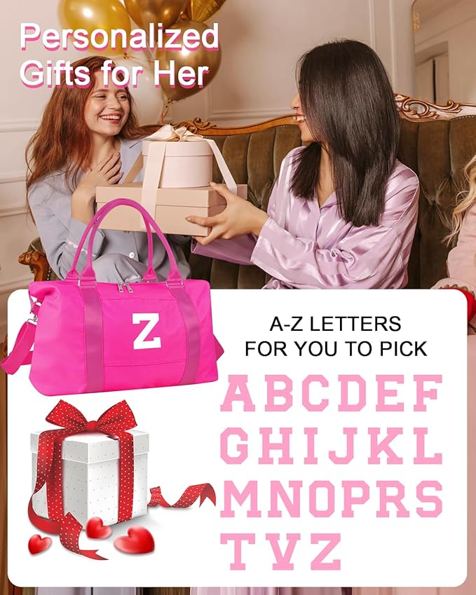 Overnight Bag for Kids Teen Girls Weekender Dance Bag Birthday Graduation Gifts,Initial Travel Duffel Bag Sports Gym Bag Personalized Weekender Bag Carry On Bags Preppy Gifts for Women(Hot Pink, Z)
