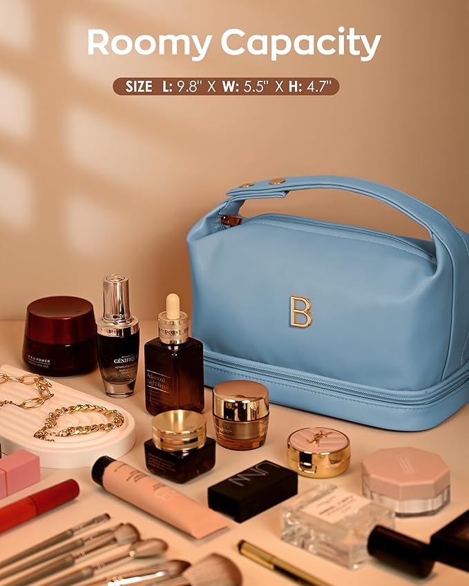 Cute Gifts for Women, Personalized Makeup Bag with Handle, Initial Double Layer Cosmetic Bag with Makeup Brush Organizer, Teacher Appreciation Gifts for Women, Gifts for Friends Female Mom