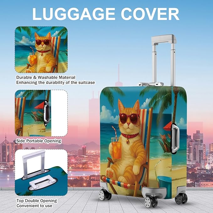 ANNA QUEEN Summer Cat Luggage Cover, Cat in Sunglasses with a Beach Drink, Stretchable, Washable Travel Protector for 28-30 Inch Suitcases