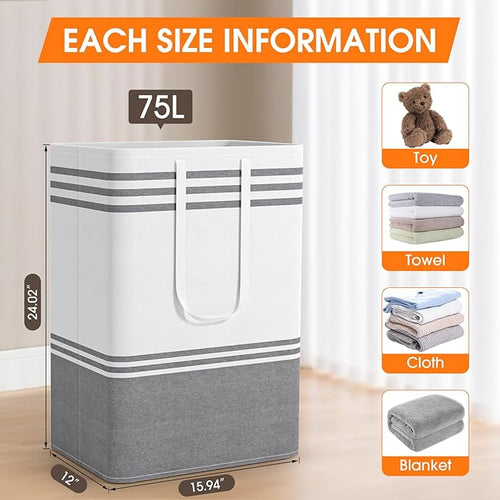 2 Pack Large Laundry Baskets, Laundry Hampers, Freestanding Waterproof Collapsible Clothes Bag with Extended & Reinforced Handles - Clothes Basket for Dorm, Bathroom, Home (Light Grey/75L)