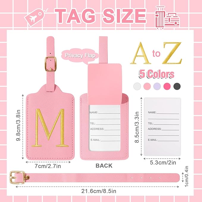 Personalized Initial Luggage Tags for Suitcase, Pink Leather Cute Luggage Tags with Privacy Cover Name Card, Embroidered Custom Monogrammed Luggage Tag Travel Bag Baggage Tags Gifts for Women Kids(M)