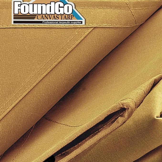FoundGo 12x16ft Canvas Tarp 22 Mil Tarps 14 oz Canvas Tarpaulin Heavy Duty Cloth Water/UV Resistant Cover with Rustproof Grommets & Ropes for Cars,Roofs,Boats,Camps,Sunshades，Moisture Barrier -Tan
