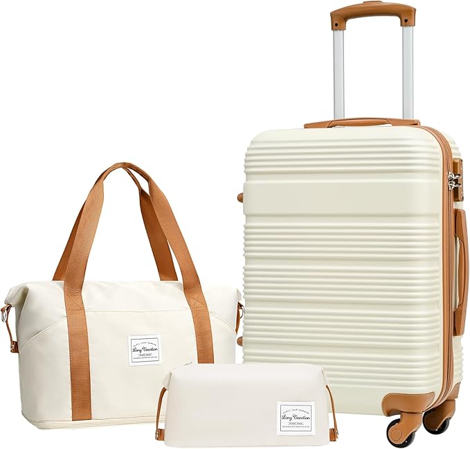 LONG VACATION 3 Piece Carry On Luggage 20 Inch Suitcase with Spinner Wheels, ABS+PC Hardshell Suitcase set with TSA Lock & YKK Zipper