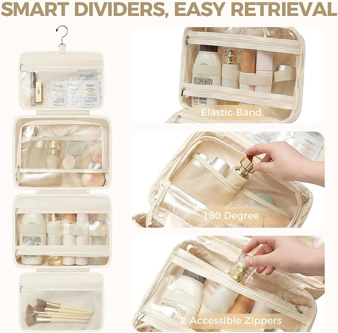 Toiletry Bag For women,Portable Hanging Organizer,4 Leakproof Compartment for full-sized Conditioner, Brushes Set, Makeup Accessories,Visible and easy to access.M-beige