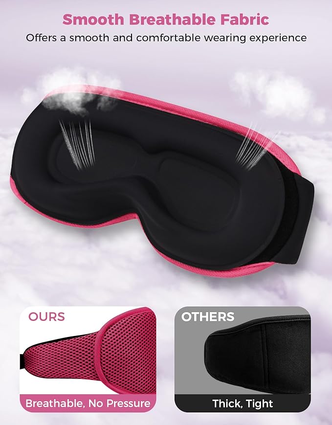 3D Contoured Sleep Mask with Bluetooth Headphones, Eye Masks for Sleep, Sleeping Mask with Ultra-Thin Stereo Speakers for Men, Women, Gifts - Rose Red