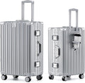 HotWay 24 Inch Aluminum Frame Luggage with Spinner Wheels, PC Hard Shell Suitcase with Cup Holder, Zipperless Luggage for Business Travel, Silver