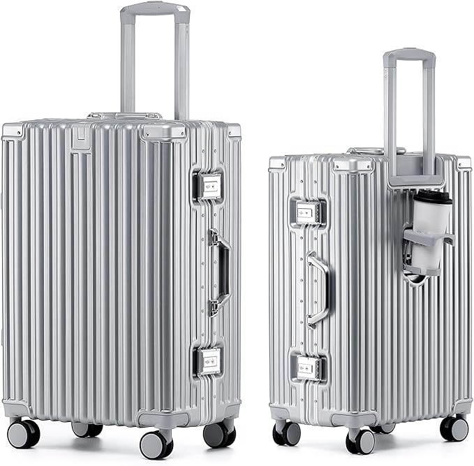 HotWay 24 Inch Aluminum Frame Luggage with Spinner Wheels, PC Hard Shell Suitcase with Cup Holder, Zipperless Luggage for Business Travel, Silver