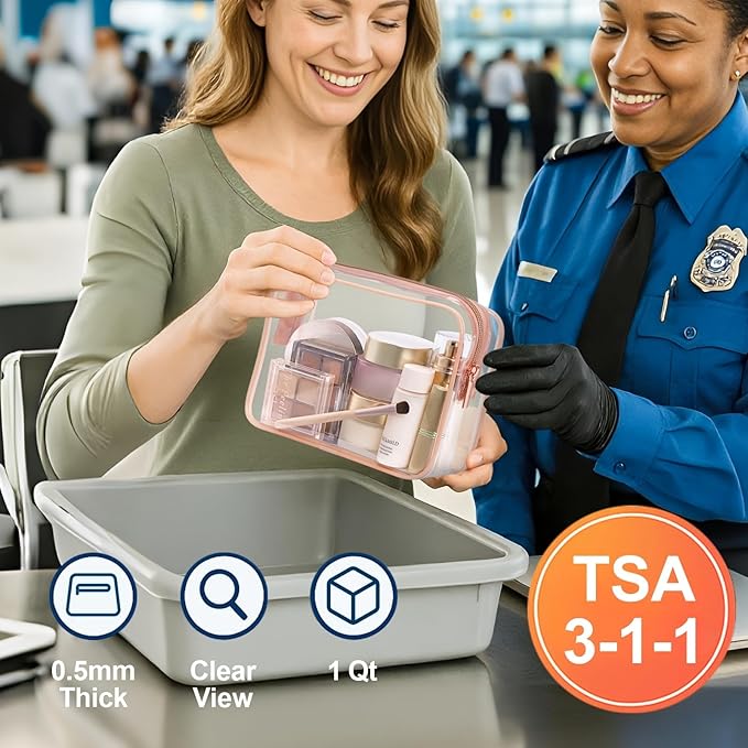 PACKISM Clear Makeup Bag - 4 Pack TSA Approved Toiletry Bag Waterproof Quart Size Travel Bag, Clear Cosmetic Bag for Women, Carry on Airport Airline Compliant Bag, Rose Pink