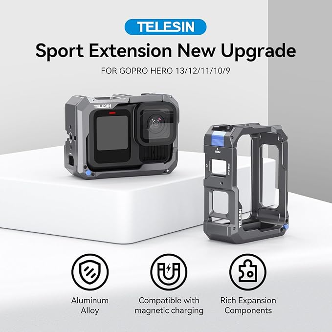 TELESIN Upgraded Aluminum Alloy Cage Frame Housing for Go Pro 13 12 11 10 9 Black, Supports Go Pro 13 Quick-Release System & Magnetic Charging, with 1/4" Thread & Cold Shoe for Video Light Microphone