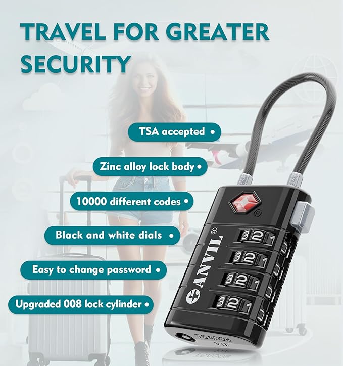 ANVIL 4 Digit Luggage Locks, TSA Locks for Luggage, Advanced TSA008 core, Alert Indicator for Your Travel Lock, Suitcase Lock. (2, Black)